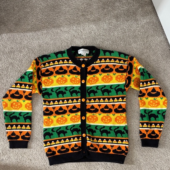 Sweaters - Vintage 1991 Eagle’s Eye Halloween Pumpkin Black Cat Witch Cardigan Size M VG